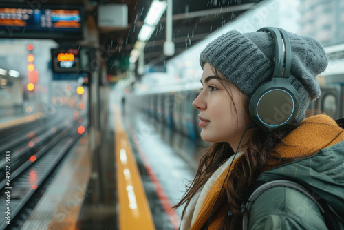 Mujer joven escuchando música mientras espera el tren.Mujer joven escuchando música mientras espera el tren.