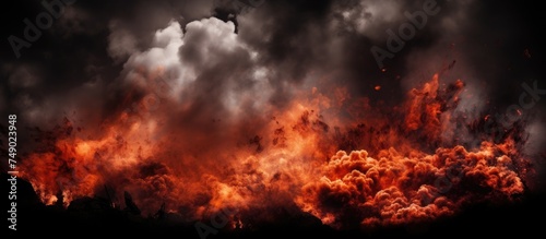 A large cloud of orange and black smoke billowing up in an epic fire burning photo overlay explosion. The smoke and dust mix together against a stark black background.