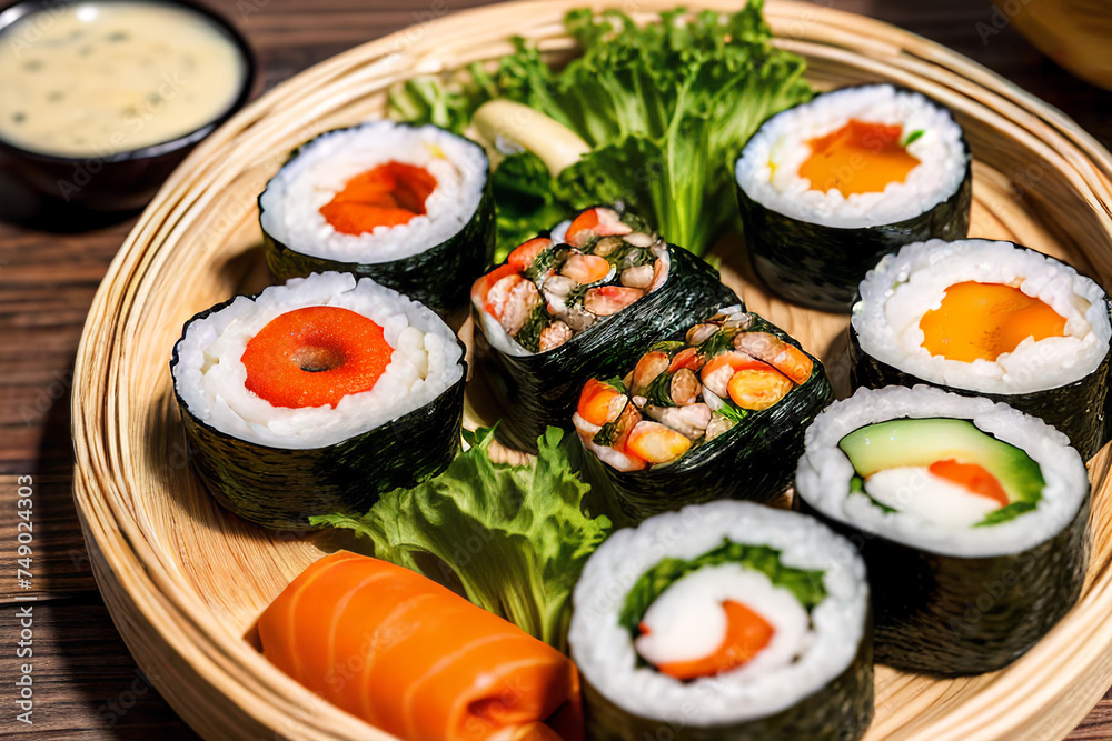 A variety of sushi on a woven bamboo plate. AI generative... A variety of sushi on a woven bamboo plate. AI generative...