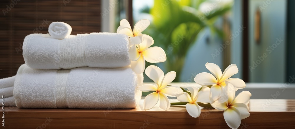 A neat stack of white towels is arranged on top of a wooden table, creating a clean and organized look in a bathroom or spa setting. A neat stack of white towels is arranged on top of a wooden table, creating a clean and organized look in a bathroom or spa setting.