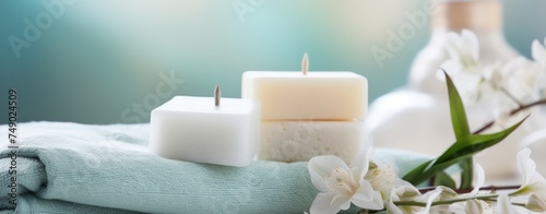 three soaps, a set of towels and a white cloth on top of each other