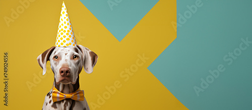 white dog with a party hat on his nose