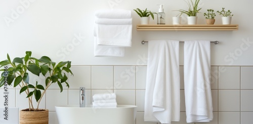 white towels hanging on a towel rack in a modern bathroom