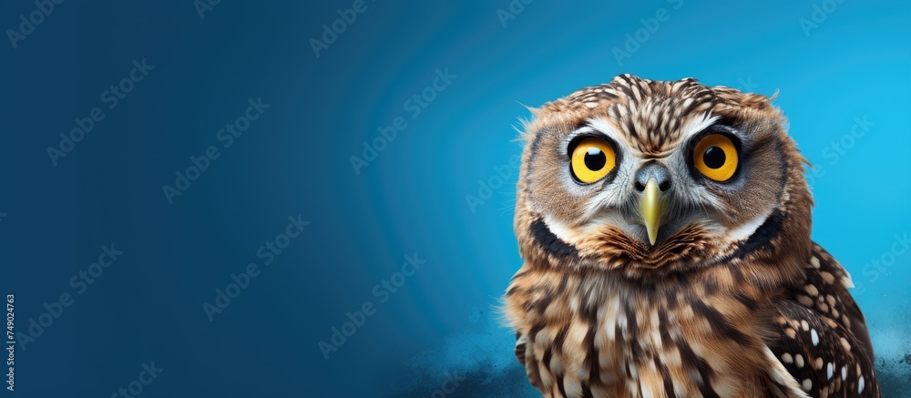 Fototapeta premium A close-up of an owl with yellow eyes staring intensely. The owls face is highlighted, showcasing its piercing gaze and unique features against a blue background.
