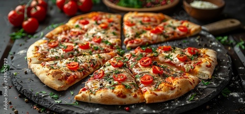 sliced pizza on black stone background with tomatoes and cheese