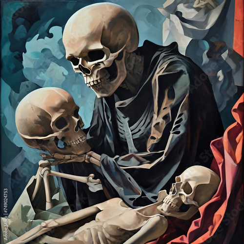 Oil painting of a burden of existence; A skeleton man collapses in rubble on the ground holds a skull. symbolism concept