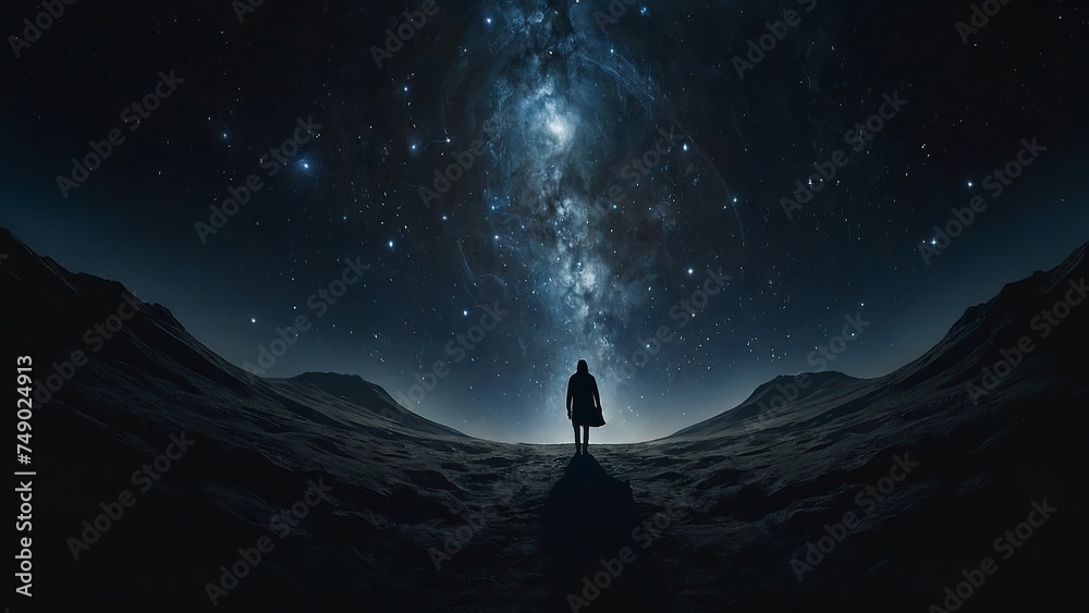 Amidst a desolate landscape, a lone traveler gazes upward at the breathtaking expanse of a cosmic cloud formation - obrazy, fototapety, plakaty 