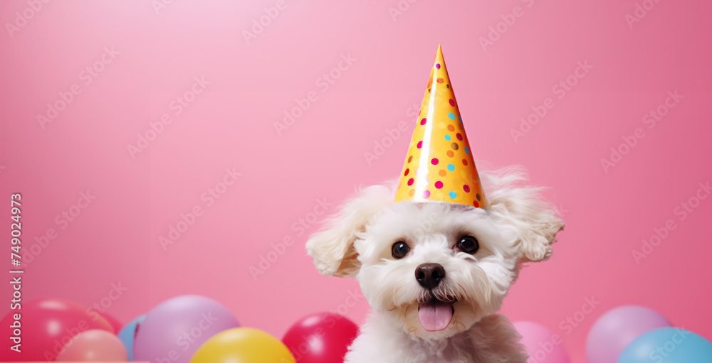 the dog has white wig and a party hat