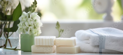 white soaps and bathroom products are placed next to white towels and flowers