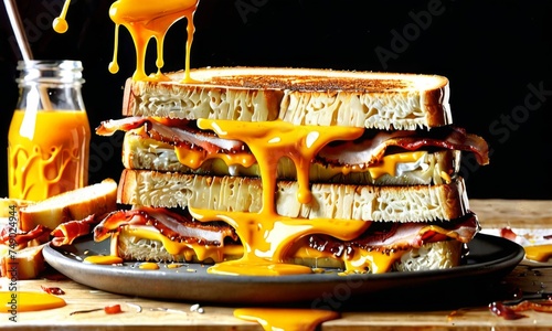 A sandwich overflows with cheese, the bacon peeking through layers of melted delight. The bread's toasty edges and dripping cheese create a feast for the eyes. AI generation