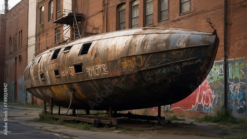 Rusting hulk of a shipwreck juxtaposed with vibrant graffiti tags on a backdrop of industrial decay
