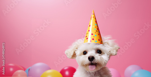 the dog has white wig and a party hat