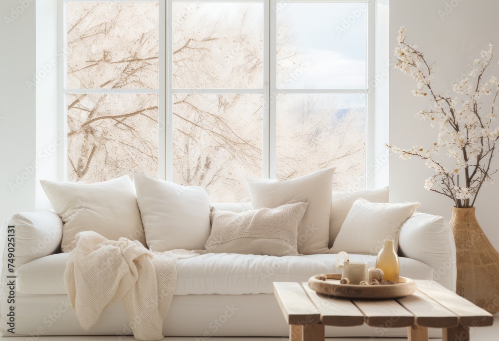 white couch with pillows and other things in a living room white couch with pillows and other things in a living room
