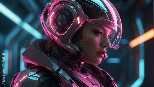 A digital artwork showing a futuristic female robot peppered with pink hues and promising a world dominated by AI photo