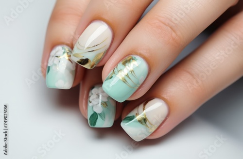 the manicure design has beautiful floral designs