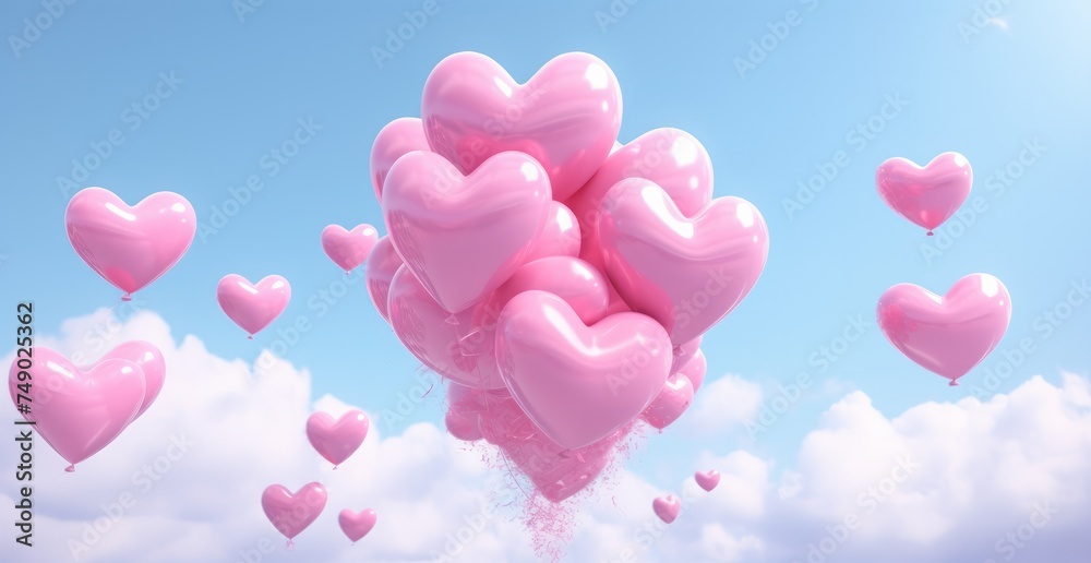 many pink heart shaped balloons flying together