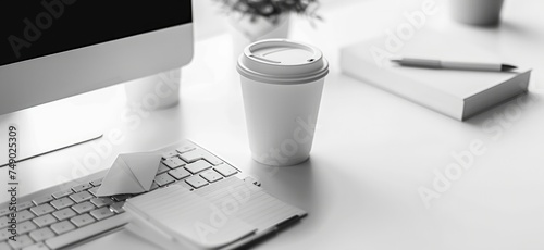 white table and computer with pen and paper, and a paper cup