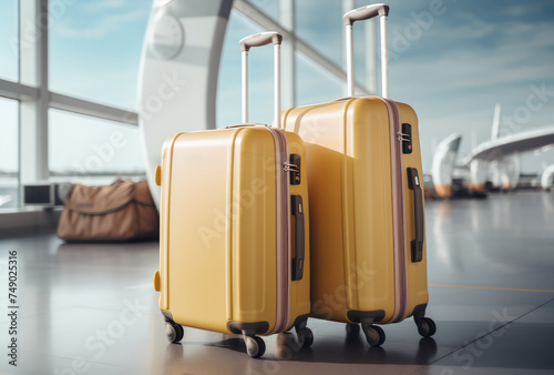two yellow luggages with an airplane in the background