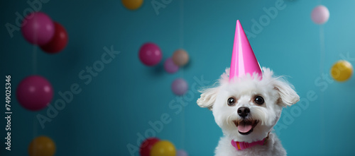 the dog has white wig and a party hat