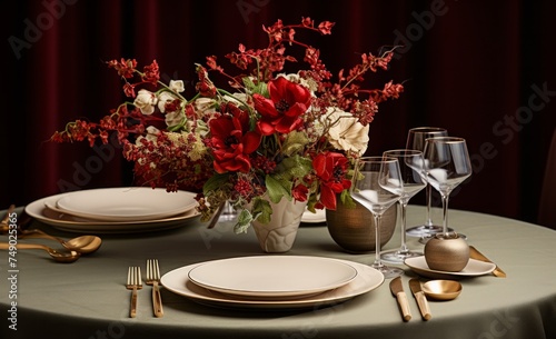 table with valentine's day style flowers and table setting