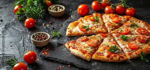 sliced pizza on black stone background with tomatoes and cheese
