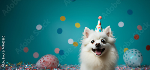 white dog with a party hat on his nose