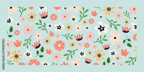 Horizontal floral background. Vector cute illustration. Summer and spring blooming flowers isolated on blue background. Banner for seasonal holidays, easter. Poster,background. © Hanna Perelygina