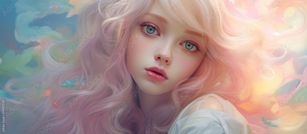 A cute painting showcasing a woman with beautiful blonde hair. The artwork captures her graceful features and flowing hair.