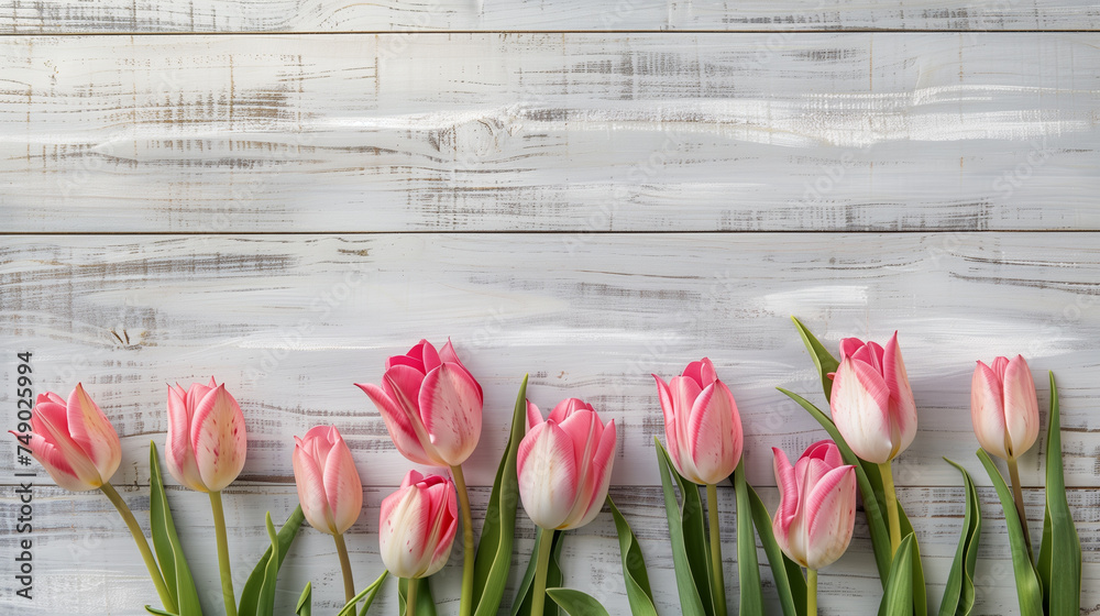 Pink tulips on white wooden background. Top view with copy space Pink tulips on white wooden background. Top view with copy space