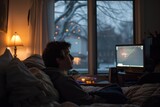 Cozy evening at home with a person enjoying television in a warmly lit room with a window view of the city