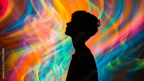 The profile of a silhouette with flowing colorful lights contouring the face, symbolizing creativity and the human mind's complexity