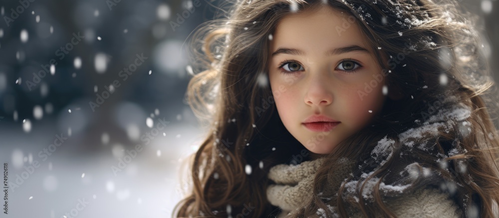 A beautiful young woman with long hair standing in the snow, her hair cascading down her back as she enjoys the winter scenery.