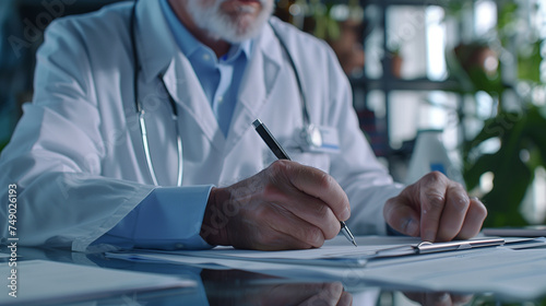 Close-up of senior male doctor writing prescription at desk in office