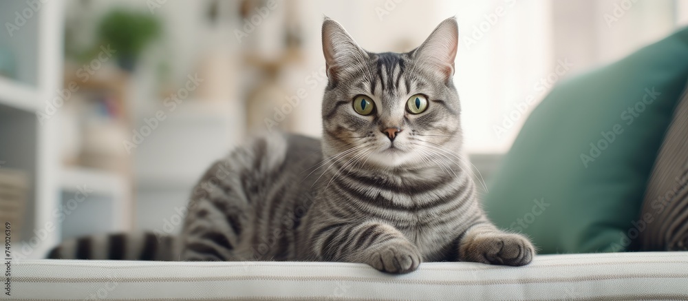 A beautiful grey tabby cat is sitting on a couch and attentively looking at the camera in a cozy home living room setting.