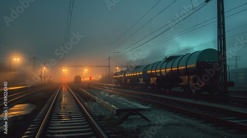 Railway station in a foggy morning with freight cars and lanterns