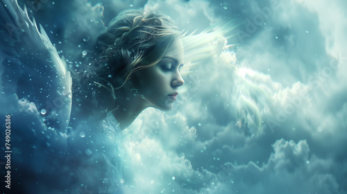 Fantasy image of a girl with angel wings. 3d rendering