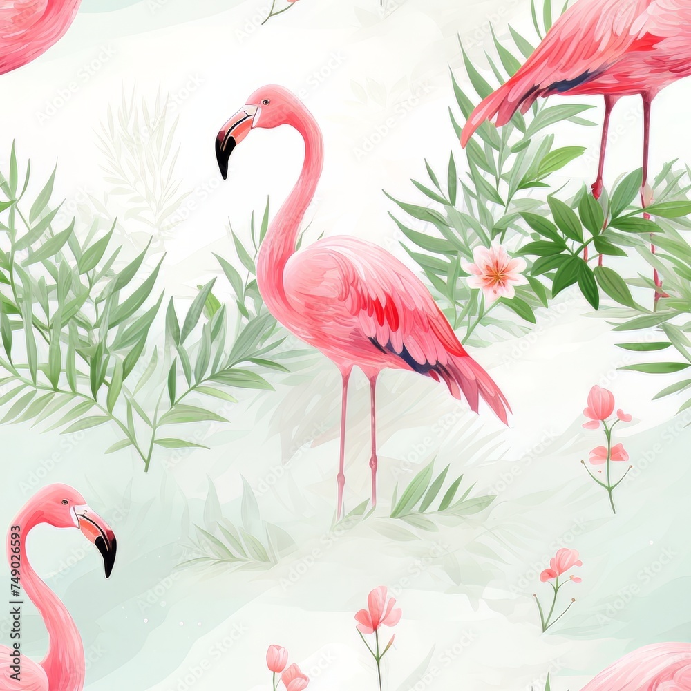 Obraz premium Seamless pattern of pink flamingos and palm leaves on a white background. Summer beach design. Can be used for printing on fabric, notebooks