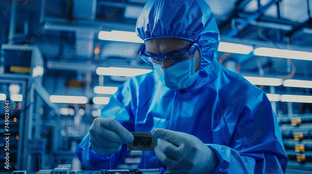 In an ultra-modern electronic manufacturing factory, a design engineer clad in sterile coveralls meticulously inspects a microchip while wearing gloves. In an ultra-modern electronic manufacturing factory, a design engineer clad in sterile coveralls meticulously inspects a microchip while wearing gloves.