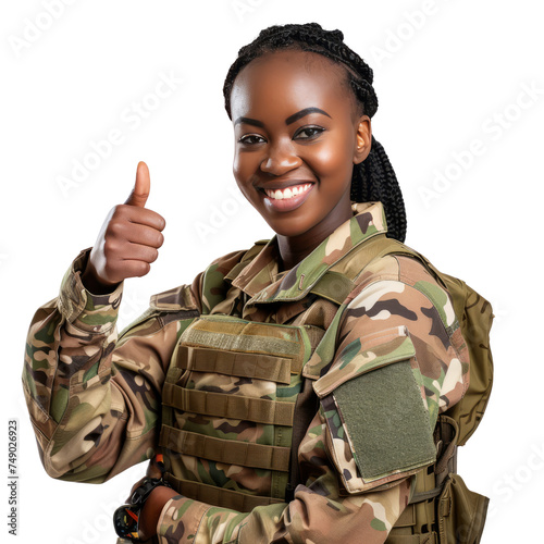 Portrait of black female soldier, giving a thumbs up and smiling happily, waist up photo, isolated on white