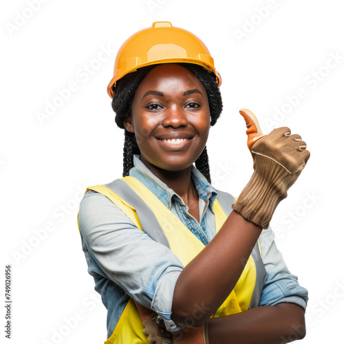 Portrait of black female engineer, giving a thumbs up and smiling happily, waist up photo, isolated on white