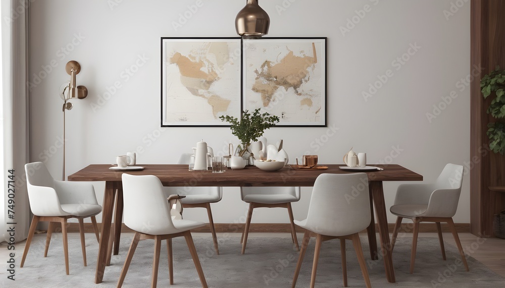 A mock-up poster map, a hardwood walnut table, design seats, a cup of coffee, decorations, tableware, and tasteful personal items complete this chic dining room setting. model. A mock-up poster map, a hardwood walnut table, design seats, a cup of coffee, decorations, tableware, and tasteful personal items complete this chic dining room setting. model.