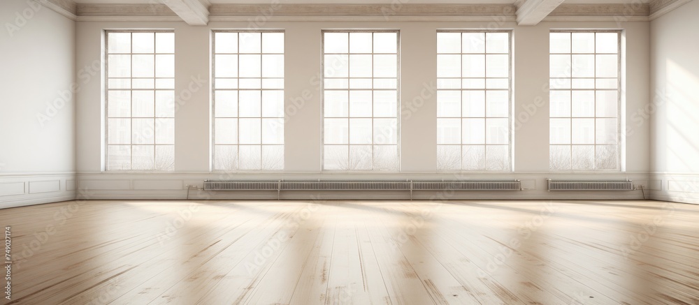 An empty room with white walls and a wooden floor, featuring a multitude of large windows that allow natural light to flood the space. The windows offer expansive views of the surrounding area. An empty room with white walls and a wooden floor, featuring a multitude of large windows that allow natural light to flood the space. The windows offer expansive views of the surrounding area.