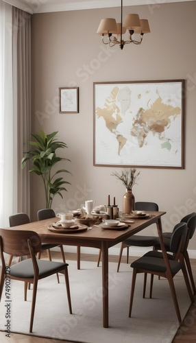 A mock-up poster map  a hardwood walnut table  design seats  a cup of coffee  decorations  tableware  and tasteful personal items complete this chic dining room setting. model.