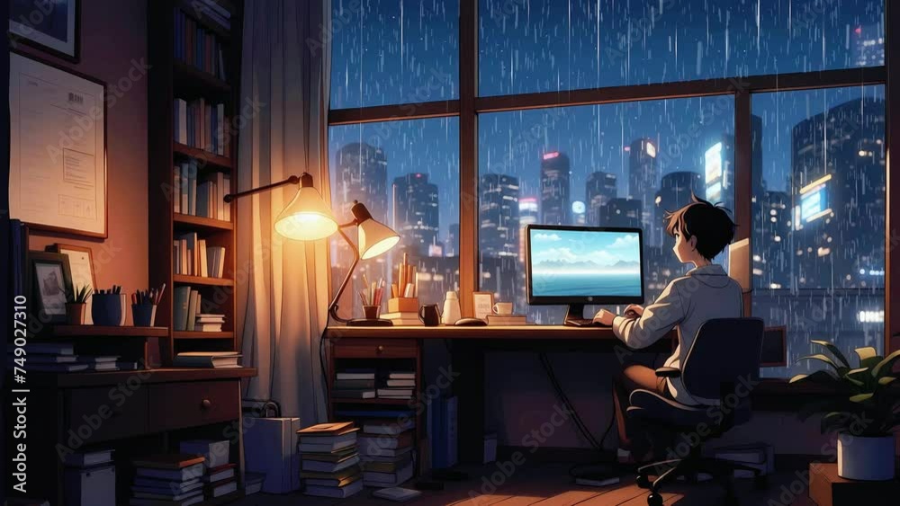 A lofi boy works in front of a computer in an office room, as heavy rain falls outside the window. and seamless 4K lofi looping animation