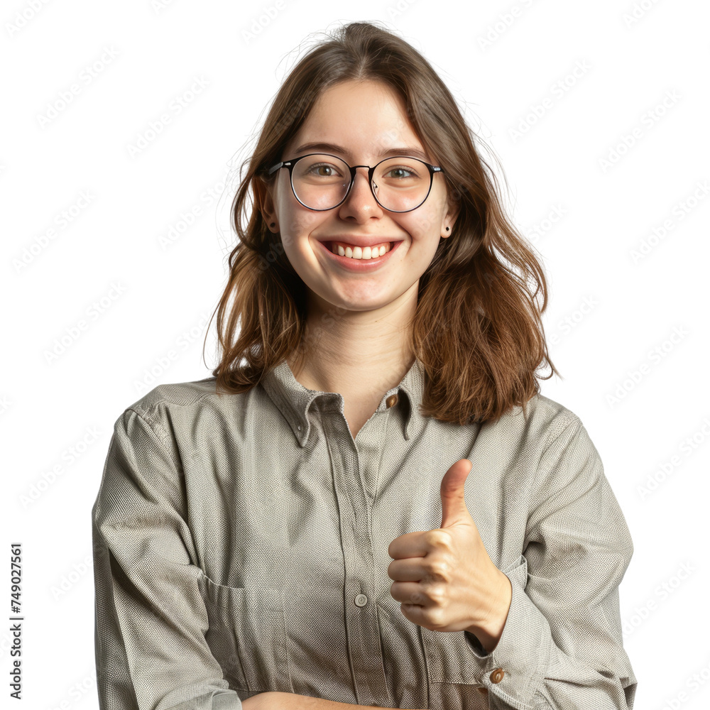 Portrait of white female software developer, giving a thumbs up and smiling happily, waist up photo, isolated on white Portrait of white female software developer, giving a thumbs up and smiling happily, waist up photo, isolated on white