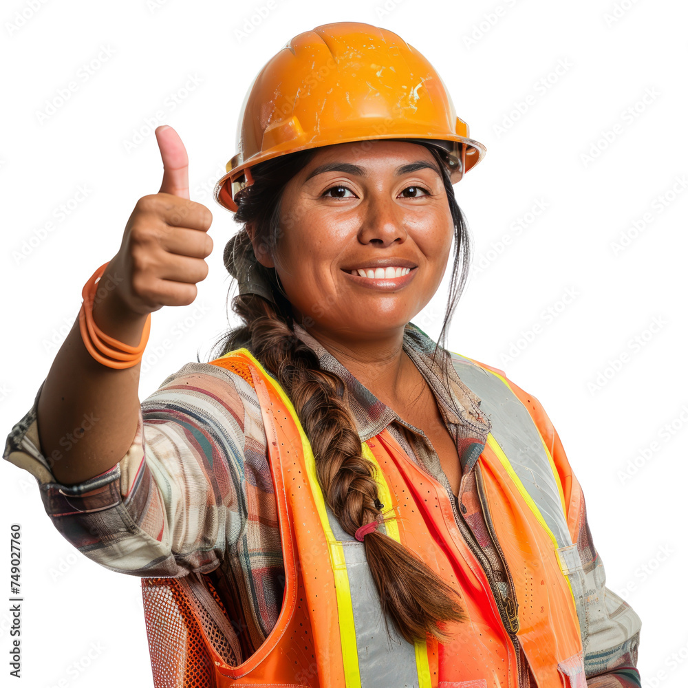 Portrait of hispanic female construction worker, giving a thumbs up and smiling happily, waist up photo, isolated on white Portrait of hispanic female construction worker, giving a thumbs up and smiling happily, waist up photo, isolated on white