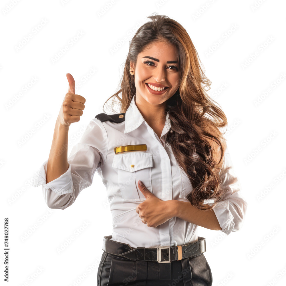Portrait of hispanic female pilot, giving a thumbs up and smiling happily, waist up photo, isolated on white Portrait of hispanic female pilot, giving a thumbs up and smiling happily, waist up photo, isolated on white