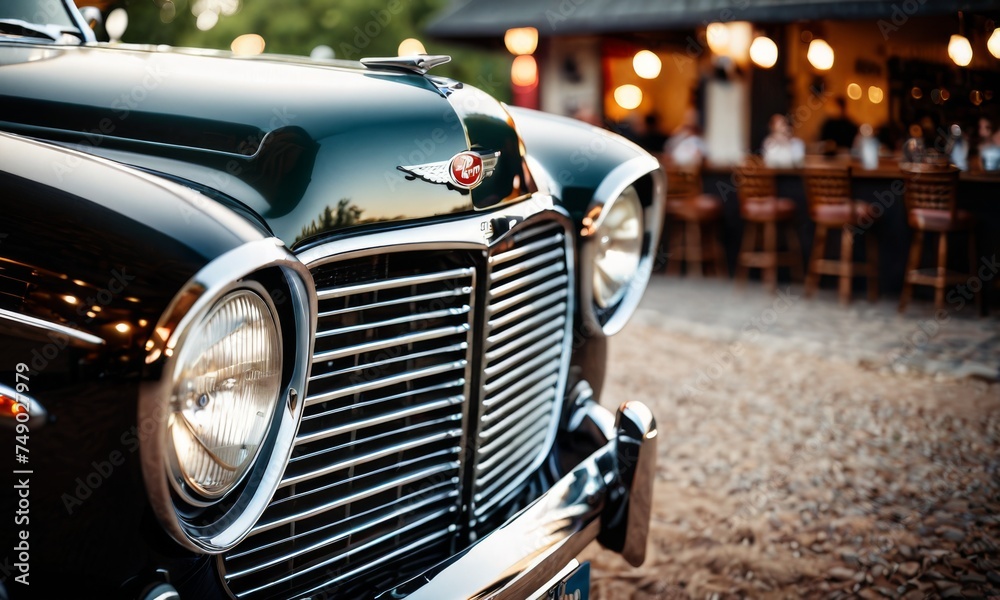 A close-up view of a classic car's chrome grille and emblem captures the essence of vintage luxury. Soft evening light enhances the car's sleek lines and polished finish, inviting admiration and