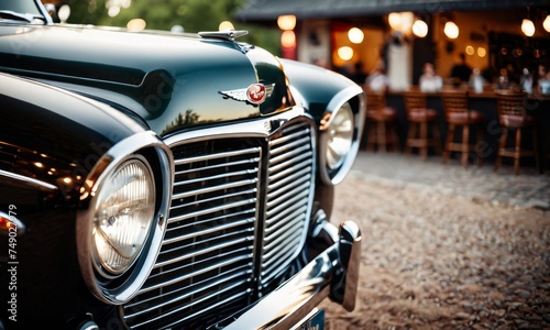 A close-up view of a classic car s chrome grille and emblem captures the essence of vintage luxury. Soft evening light enhances the car s sleek lines and polished finish  inviting admiration and