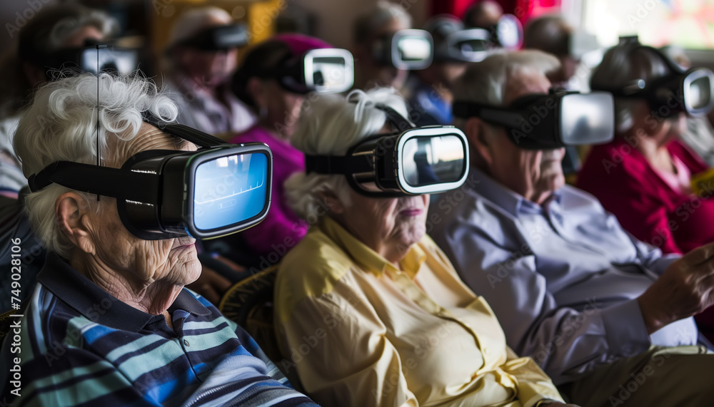 Senior people using virtual reality goggles